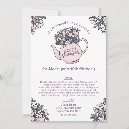 フラワーティーポットシャワー メールで送る誕生日招待状 招待状 (正面)