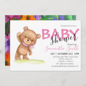 フラワーテディベアーガールベビーシャワー招待状 案内状 (正面/裏面)