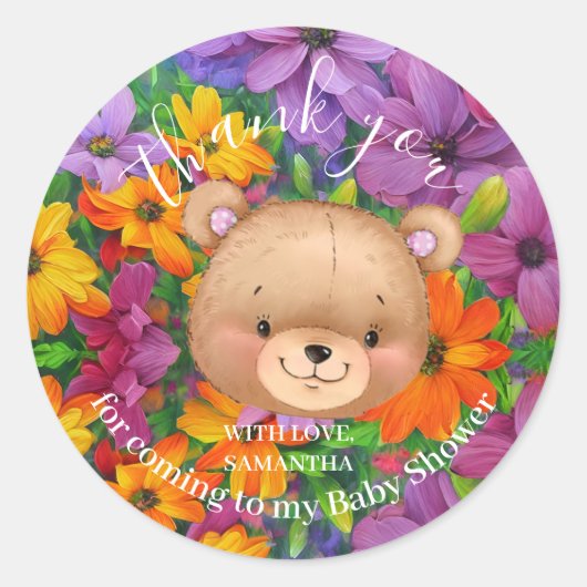 フラワーテディベアーピンク ラウンドシール (正面)