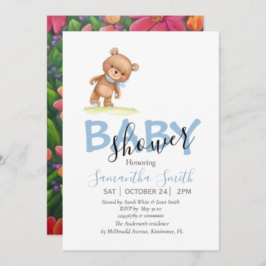 フラワーテディボーイブルー招待状 案内状 (正面/裏面)