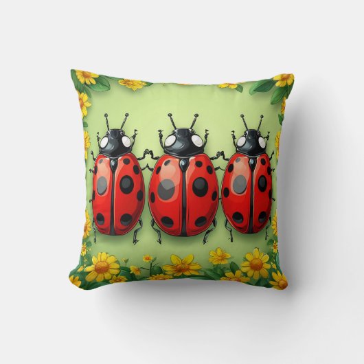 🐞 フラワートリオテントウムシガーデンシーン 居心地の良いインテリア用 クッション (正面)