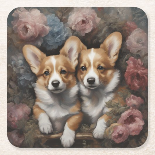 フラワードッグブリードポートレート5 スクエアペーパーコースター (正面)
