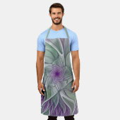 フラワードリーム、抽象芸術紫グリーンフラクタルアート エプロン (着用した状態)