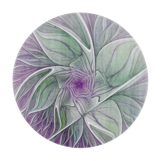 フラワードリーム、抽象芸術紫グリーンフラクタルアート カッティングボード (正面)
