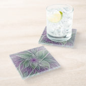 フラワードリーム、抽象芸術紫グリーンフラクタルアート ガラスコースター (アングル)