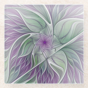 フラワードリーム、抽象芸術紫グリーンフラクタルアート ガラスコースター