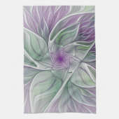 フラワードリーム、抽象芸術紫グリーンフラクタルアート キッチンタオル (縦)