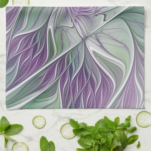 フラワードリーム、抽象芸術紫グリーンフラクタルアート キッチンタオル (折り畳み)