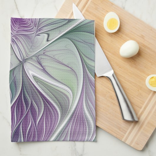 フラワードリーム、抽象芸術紫グリーンフラクタルアート キッチンタオル (四つ折り)