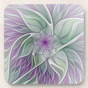フラワードリーム、抽象芸術紫グリーンフラクタルアート コースター