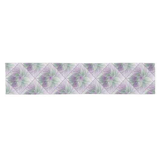 フラワードリーム、抽象芸術紫グリーンフラクタルアート ショートテーブルランナー (横)