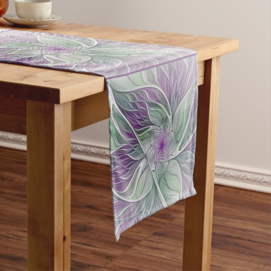 フラワードリーム、抽象芸術紫グリーンフラクタルアート ショートテーブルランナー (インサイチュ)