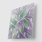 フラワードリーム、抽象芸術紫グリーンフラクタルアート スクエア壁時計 (傾斜)