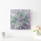 フラワードリーム、抽象芸術紫グリーンフラクタルアート スクエア壁時計 (ホーム)