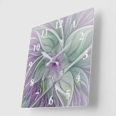 フラワードリーム、抽象芸術紫グリーンフラクタルアート スクエア壁時計 (傾斜)