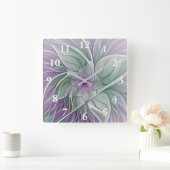 フラワードリーム、抽象芸術紫グリーンフラクタルアート スクエア壁時計 (ホーム)