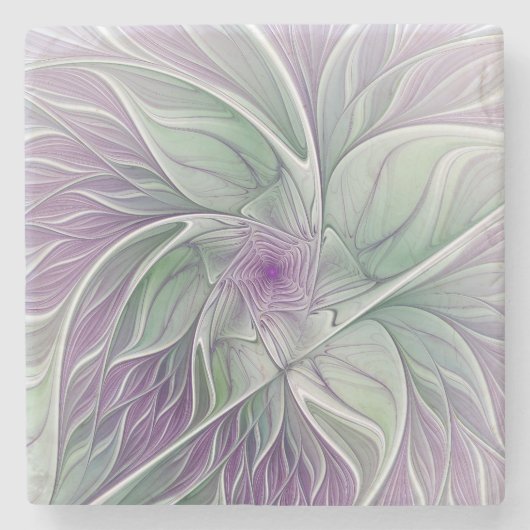 フラワードリーム、抽象芸術紫グリーンフラクタルアート ストーンコースター (正面)