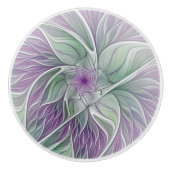 フラワードリーム、抽象芸術紫グリーンフラクタルアート セラミックノブ (正面)