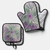 フラワードリーム、抽象芸術紫グリーンフラクタルアート 鍋つかみ&鍋敷きセット (正面/裏面)