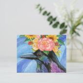 フラワーハットはがきを着たカラス ポストカード (スタンド正面)