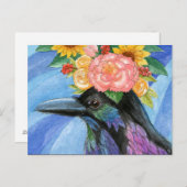 フラワーハットはがきを着たカラス ポストカード (正面/裏面)