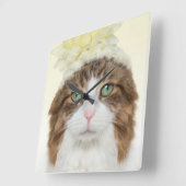 フラワーハット付き猫 スクエア壁時計 (傾斜)