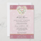 フラワーハートウィレースダスティベリーピンクブライダルシャワー 招待状 (正面)