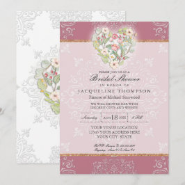 フラワーハートウィレースダスティベリーピンクブライダルシャワー 招待状