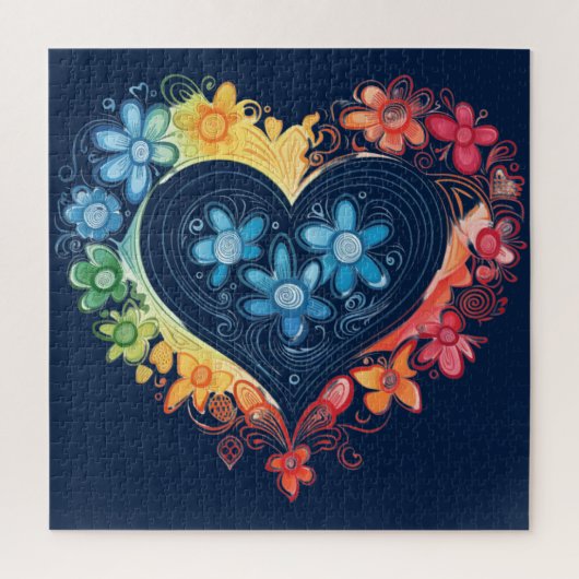 フラワーハートダークブルーパズル ジグソーパズル (縦)