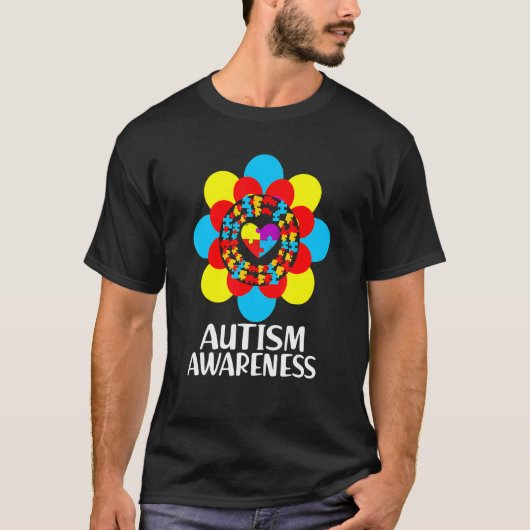 フラワーハートパズル 自閉症の理解と支援 大人 Tシャツ (正面)