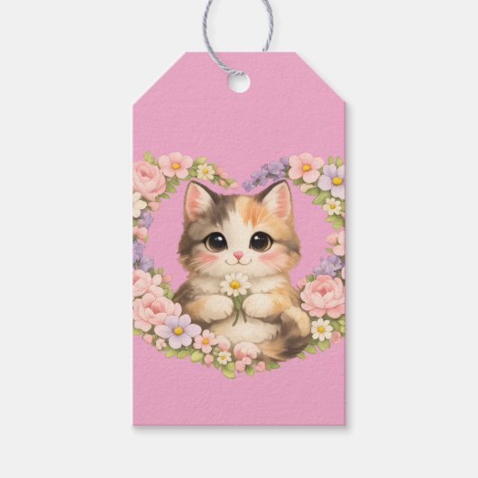 フラワーハート かわいいアート子猫 ギフトタグ (正面)