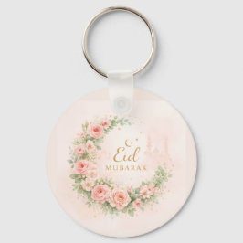 フラワーハーフムーンEid Mubarak キーホルダー - ソフトピンク&