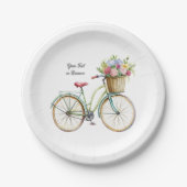 フラワーバスケット付きゴールデン自転車ヴィンテージ ペーパープレート (正面)