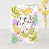 フラワーバタフライの誕生日カード カード (黄色い花)