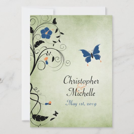 フラワーバタフライウェディング招待，披露宴&出欠 招待状 (正面)