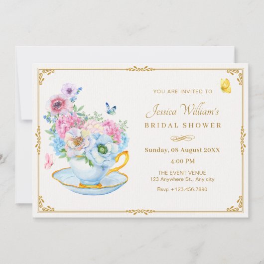 フラワーバタフライティーカップブライダルシャワー 招待状 (正面)
