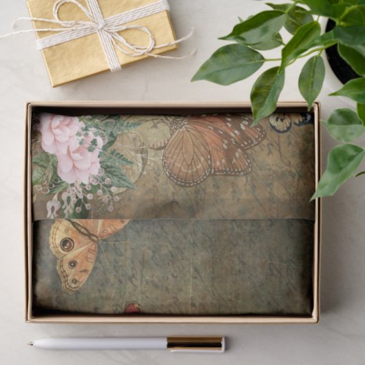フラワーバタフライデクページヴィンテージエフェメラ 薄葉紙 (ギフト)