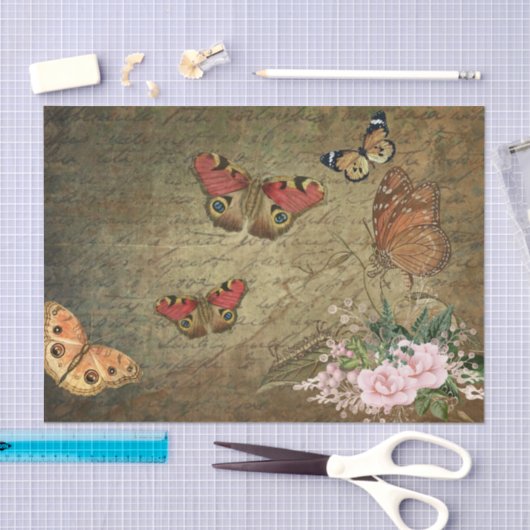 フラワーバタフライデクページヴィンテージエフェメラ 薄葉紙 (クラフト)