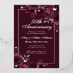 フラワーバタフライバーガンディー50周年記念結婚式 箔招待状