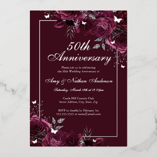 フラワーバタフライバーガンディー50周年記念結婚式 箔招待状 (正面)