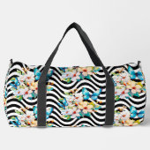 フラワーバタフライブラック&ホワイト波ストライプ状 ダッフルバッグ (正面)