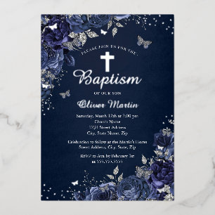 フラワーバタフライボーイシルバーネイビーブルーバプテスト 箔招待状