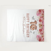 フラワーバタフライ ピンク ハッピー16歳誕生日タペスト タペストリー (正面(横))