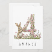 フラワーバニー 4歳の誕生日カード 招待状 (正面/裏面)