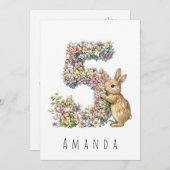 フラワーバニー 5歳の誕生日カード 招待状 (正面/裏面)