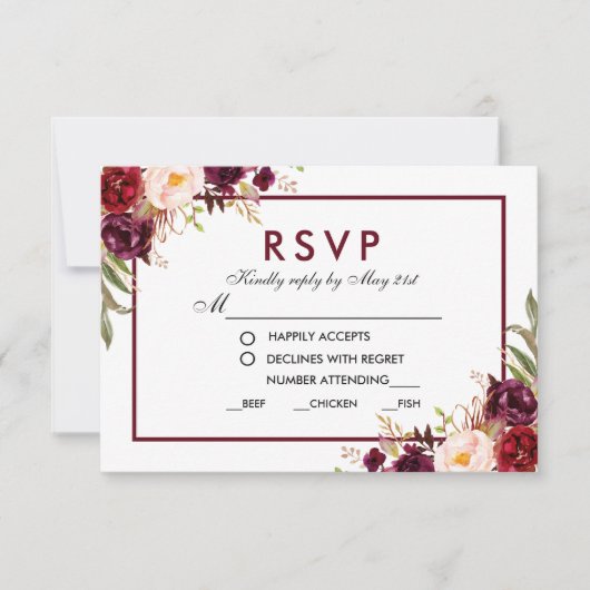 フラワーバースディ ワインレッド 結婚式 料理 RSVP (正面)