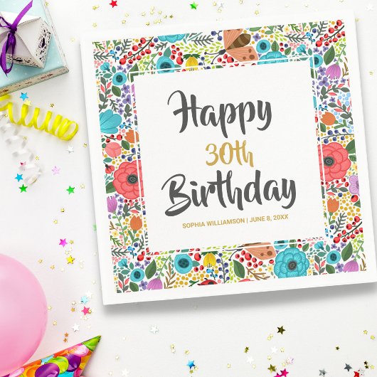 フラワーバースデーパーティー名前をカスタムする年齢フローラ スタンダードカクテルナプキン