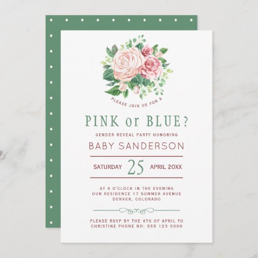 フラワーバースデー ガールまたはボーイ ベビー 性別発表パーティー 招待状 (正面/裏面)