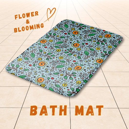 フラワーパターンオレンジのスワールベリーティール(緑がかった色)- バスマット