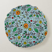 フラワーパターンオレンジのスワールベリーティール（緑がかった色）- ラウンドクッション (裏面)